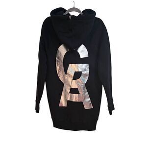 Good American thick black hooded long sweatshirt with solver graphics. Size S.